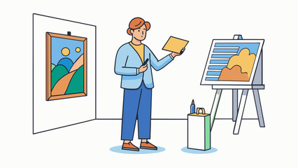 Poster - A person standing in front of a painting at an art gallery closely inspecting the brushstrokes color palette and overall composition before jotting. Cartoon Vector.
