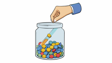 Poster - A persons hand reaching into a clear glass jar filled with small colorful tokens. Each token represents a vote and the jar is constantly being shaken. Cartoon Vector.