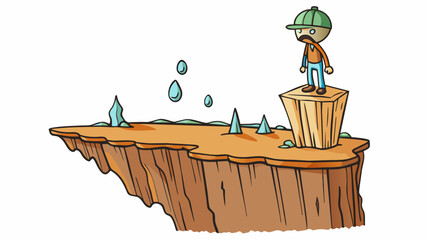 Poster - A person standing on the edge of a cliff with tears in their eyes and arms outstretched as if about to jump. The ground beneath them is rocky and far. Cartoon Vector.
