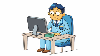 Fototapete - A person wearing a work uniform with led sleeves untucked shirt and bags under their eyes. They are sitting slumped on a chair staring at their. Cartoon Vector.