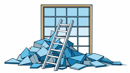 Poster - A pile of broken glass sits in front of a shattered window with a ladder leaning against the wall. The glass shards are sharp and jagged indicating. Cartoon Vector.