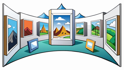 Poster - A photography exhibition capturing the beauty of nature through stunning landscape images. The objects are all different prints of photographs some in. Cartoon Vector.