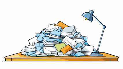 Poster - A pile of cled papers tered on a desk signaling the stress and exhaustion of working beyond the expected shift. The desk lamp flickers giving off a. Cartoon Vector.