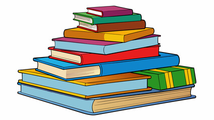 Aufkleber - A pile of books stacked haphazardly on top of each other represents the theme of knowledge and education. The different books with their titles and. Cartoon Vector.