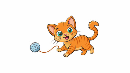 Poster - A playful kitten chasing a ball of yarn pouncing and meowing with glee. Its soft fur ruffles in the breeze as it bounces around displaying its energy. Cartoon Vector.