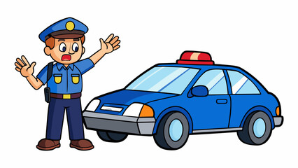 Poster - A police car with lights flashing and siren blaring parked on the side of the road next to a person being frisked against the car. The officer is. Cartoon Vector.