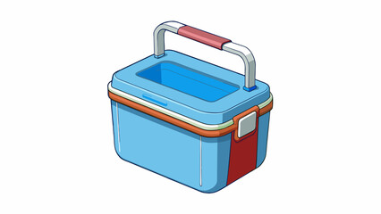 Poster - A portable cooler with a lightweight plastic exterior and a removable lid. Inside there is a single compartment that can be filled with ice or gel. Cartoon Vector.
