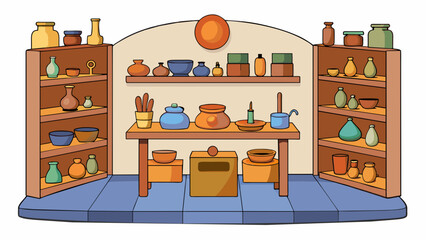 Poster - A pottery studio with shelves filled with neatly organized clay tools and a potters wheel in the center of the room. The walls are covered in handmade. Cartoon Vector.