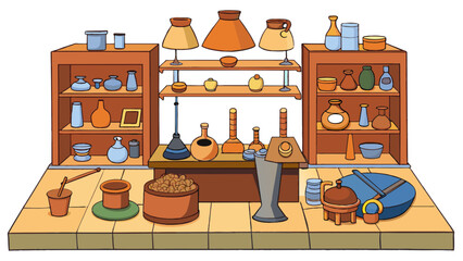 Poster - A pottery workshop filled with tools and materials. Shelves lined with bowls plates and vases in various stages of completion. Some are just freshly. Cartoon Vector.