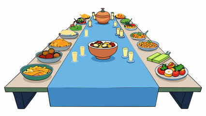 Aufkleber - A potluck dinner where each dish brought by different guests contributes to the meal. The dishes are arranged on a long table with a variety of colors. Cartoon Vector.