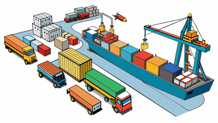 Poster - A port is a busy hub of activity with cranes and other machinery constantly moving cargo from ships onto trucks and trains for distribution. The air. Cartoon Vector.