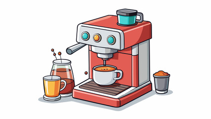 Poster - A print advertit for a new coffee maker featuring a shiny silver machine with multiple buttons and settings. A steaming cup of rich dark coffee sits. Cartoon Vector.