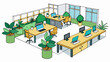 © DigitalSpace - A renovated office space that incorporates flexible workstations natural lighting and collaborative areas to promote a more productive and inclusive. Cartoon Vector.