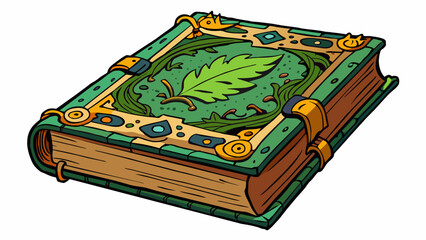 Poster - A rare antique book with goldtrimmed pages and a intricate cover depicting an otherworldly forest scene. The pages are filled with handwritten script. Cartoon Vector.