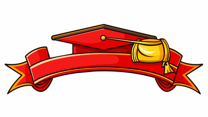Poster - A red ribbon with gold lettering and a stamped image of a graduation cap honoring someone for their academic accomplishments.. Cartoon Vector.