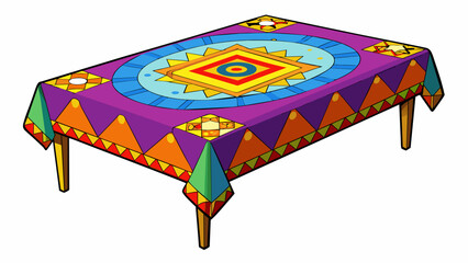 Poster - A rectangular piece of fabric with colorful designs and patterns used to cover and protect a surface such as a table or desk. It is often found in. Cartoon Vector.