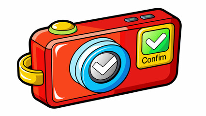Fototapete - A red confirm button on a digital camera allowing the user to permanently save and store their captured photo.. Cartoon Vector.