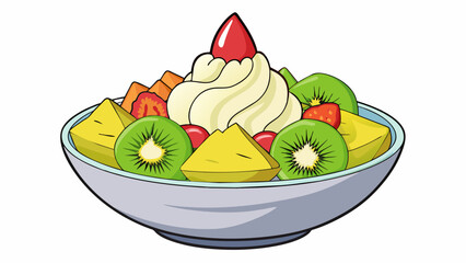 Poster - A refreshing dessert A bowl of chilled fruit salad filled with a variety of colorful fruits such as strawberries kiwi and pineapple. The fruits are. Cartoon Vector.