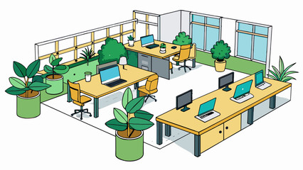 Poster - A renovated office space that incorporates flexible workstations natural lighting and collaborative areas to promote a more productive and inclusive. Cartoon Vector.