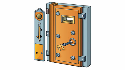 Poster - A reinforced steel door with multiple locking bolts and a reinforced frame locked with a heavyduty deadbolt and a key that can only be duplicated by. Cartoon Vector.