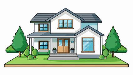 Poster - A rental property with a white exterior and a wellmanicured lawn. The interior features hardwood floors large windows and modern appliances. The. Cartoon Vector.