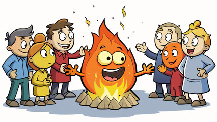 Sticker - A roaring fire crackling and dancing in the dark of night. Its warm glow illuminates the faces of those gathered around it sharing stories and. Cartoon Vector.