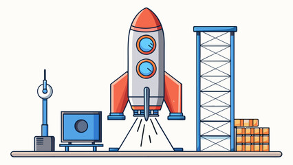 Poster - A rocket launch at a space station the countdown blaring over the loudspeakers. The rocket stands tall and imposing with its sharp edges and multiple. Cartoon Vector.