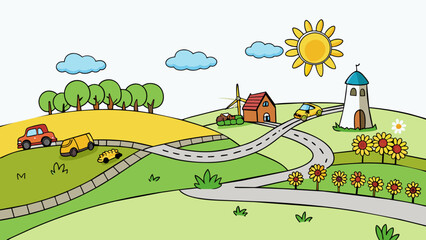 Aufkleber - A road trip through the countryside The rolling hills of the countryside stretch as far as the eye can see dotted with grazing cows and sheep. Fields. Cartoon Vector.