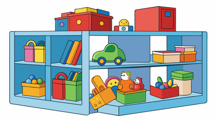 Fototapete - A room with all the toys put away in their designated bins the books and games organized on shelves and the floor free of any tered items. The visual. Cartoon Vector.