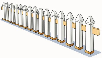 Poster - A row of identical white picket fences in a suburban neighborhood evenly spaced apart and extending down the street as far as the eye can see. Each. Cartoon Vector.