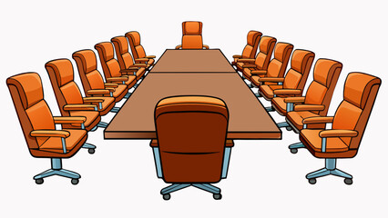 Poster - A row of leather exeive chairs surrounding a large conference table showcasing the corporate boardroom. The chairs are all uniform in design conveying. Cartoon Vector.