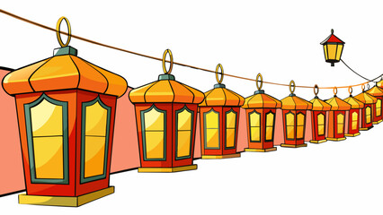 Poster - A row of brightly lit lanterns swaying gently in the breeze casting a warm and festive glow over a lively street market.. Cartoon Vector.