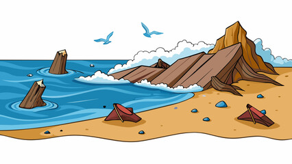 Poster - A rugged and wild beach with co dark sand and large pieces of driftwood tered along the shore. The water is choppy and the waves crash onto the beach. Cartoon Vector.