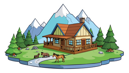 Aufkleber - A rustic mountain estate sits at the base of a towering mountain and includes a wooden cabin with a sloping roof a wraparound porch and a stone. Cartoon Vector.