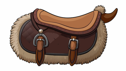 Poster - A saddle The saddle is made of dark brown leather and is padded with soft fur for comfort. It has a curved seat and high pommel and cantle for a. Cartoon Vector.