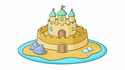 Poster - A sandcastle A small castle made of wet sand at the beach. The walls are smooth and rounded and there is a turret on each corner. Small shells and. Cartoon Vector.