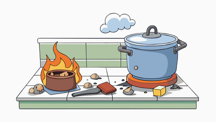 Poster - A scorched pot sits on a stove its handle melted and the contents burned. The kitchen is filled with smoke and a fire extinguisher can be seen on the. Cartoon Vector.