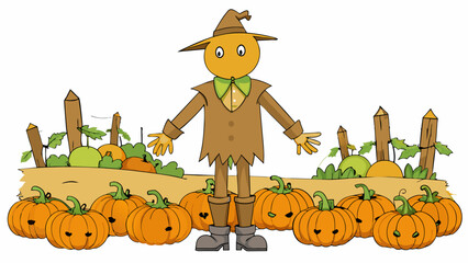 Poster - A scarecrow stands tall in a field its tattered clothes flapping in the gentle breeze guarding rows of plump pumpkins.. Cartoon Vector.