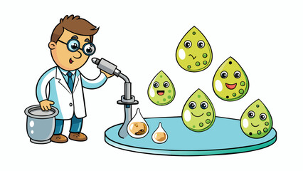 Poster - A scientist watches through a microscope as tiny organisms swim around in a sample of pond water. The organisms are teardropshaped and move gracefully. Cartoon Vector.