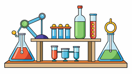 Fototapete - A science lab filled with test tubes beakers and microscopes providing students with handson experience in conducting experiments.. Cartoon Vector.