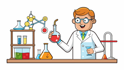 Poster - A scientist studies a complex chemical reaction each step derived from the previous one as they work towards a breakthrough.. Cartoon Vector.