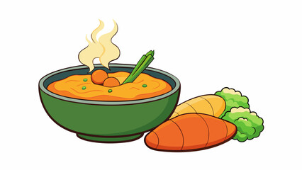 Poster - A savory lunch A steaming bowl of thick vegetable soup filled with chunky carrots celery and other colorful veggies. A warm crusty roll sits on the. Cartoon Vector.