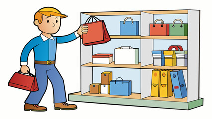 Poster - A salesperson transferring products from a display shelf to a customers shopping bag carefully arranging and protecting each item as they go.. Cartoon Vector.