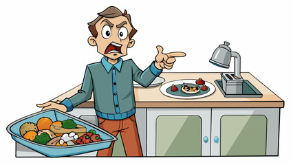 Aufkleber - A scowling man with crossed arms accusing a pile of dirty dishes in the sink of being the cause of the unpleasant odor in the kitchen. The dishes are. Cartoon Vector.