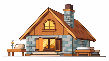 Poster - A rustic cabin nestled in the woods featuring a wooden exterior with a large stone chimney. The interior is decorated with warm earthy tones and has a. Cartoon Vector.