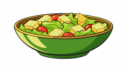 Aufkleber - A salad bowl filled with a mix of fresh greens diced veggies and chunks of cheese creating a balanced mix of textures and flavors.. Cartoon Vector.