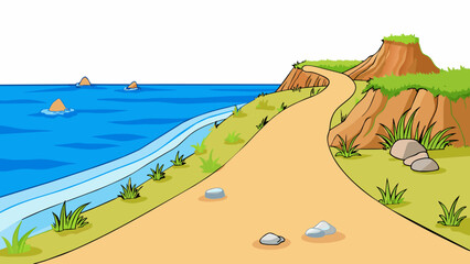 Poster - A sandy path tracing the coastline with the crystal blue ocean on one side and rustling dune grass on the other. The path is dotted with seashells and. Cartoon Vector.