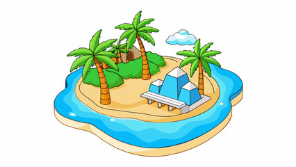 Aufkleber - A scenic tour of a tropical island filled with palm trees white sand beaches and crystal clear blue waters. The breeze is warm and salty carrying with. Cartoon Vector.