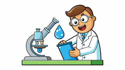 Aufkleber - A scientist in a laboratory using a microscope to study a drop of water noting the movement and appearance of tiny microorganisms and conducting. Cartoon Vector.