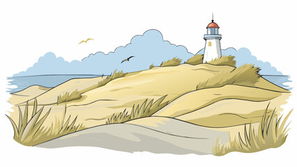 Poster - A serene windswept coast with rolling dunes covered in tall wispy grass. The sand here is a mix of pale yellow and light gray with patterns formed by. Cartoon Vector.